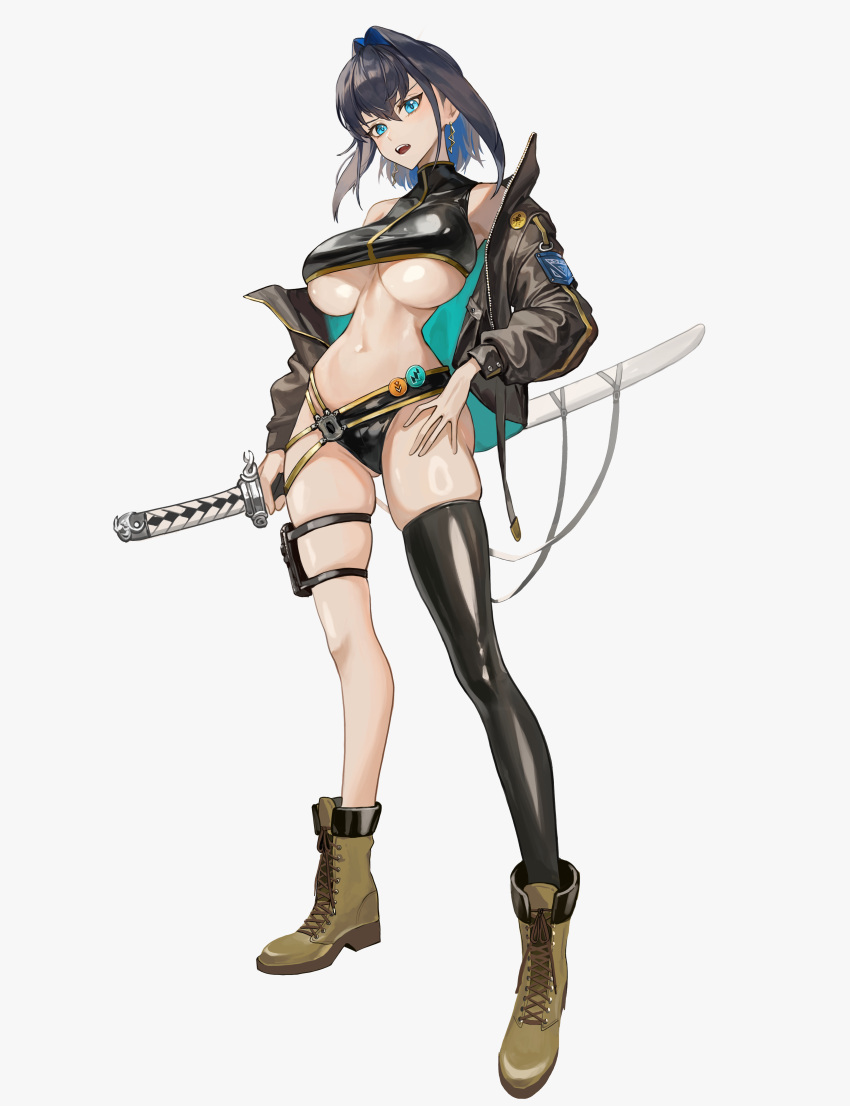 absurdres alternate_costume ass_visible_through_thighs bare_shoulders black_panties black_shirt black_thighhighs blue_eyes blue_hair boots breasts brown_footwear brown_jacket crop_top earrings female green_jacket hair_intakes highres holding holding_sword holding_weapon hololive hololive_english holster jacket jewelry katana large_breasts multicolored_clothes multicolored_hair multicolored_jacket narrow_waist navel oerba_yun_fang off_shoulder open_clothes open_jacket open_mouth ouro_kronii panties pin santafe99 shirt short_hair sidelocks simple_background single_thighhigh skindentation sleeveless sleeveless_shirt sleeveless_turtleneck stomach sword teeth thigh_holster thighhighs tongue turtleneck two-tone_hair underboob underwear virtual_youtuber weapon white_background wide_hips