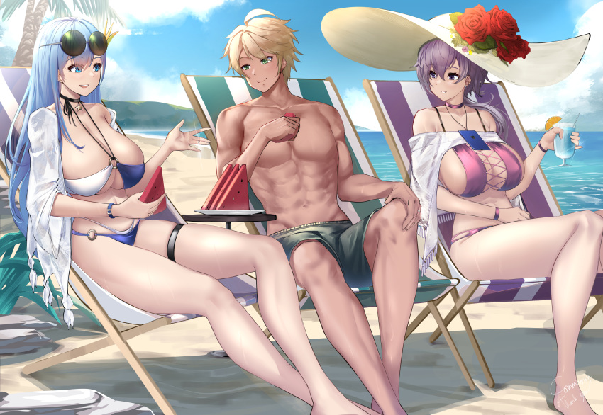 1boy 2girls abs absurdres azur_lane beach bikini blonde_hair blue_eyes blue_hair breasts clothing_cutout commentary commission drink english_commentary flower hat hat_flower highres holding holding_drink husband_and_wife irkawaza jewelry large_breasts long_hair looking_at_another multiple_girls official_alternate_costume palm_tree polygamy purple_hair reno_(azur_lane) reno_(summer_spin-off)_(azur_lane) ring sand short_hair sideboob swimsuit ticonderoga_(azur_lane) ticonderoga_(sunshine_princess)_(azur_lane) tree underboob_cutout water wedding_ring