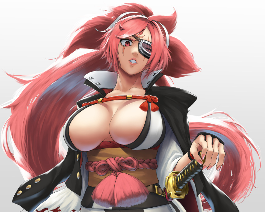 baiken big_hair breasts collared_jacket eyepatch facial_tattoo female gradient_background guilty_gear guilty_gear_strive hand_on_hilt highres jacket japanese_clothes kataginu katana kimono large_breasts long_hair multicolored_clothes multicolored_kimono one-eyed one_eye_closed open_clothes open_kimono pink_eyes pink_hair ponytail sash scar scar_across_eye scar_on_face simple_background solo sword tama_(tamakaka1031) tattoo teeth upper_body very_long_hair weapon