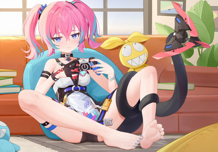 bare_shoulders barefoot black_gloves blue_eyes blue_hair blue_nails closed_mouth controller couch dress feet female full_body game_controller gamepad gloves hair_between_eyes highres holding holding_controller holding_game_controller homu_(honkai_impact) honkai_(series) honkai_impact_3rd indoors legs multicolored_hair nail_polish pink_hair rozaliya_olenyeva rozaliya_olenyeva_(fervent_tempo) single_glove sitting soles solo streaked_hair tail tail_around_own_leg toenail_polish toenails toes twintails white_dress wood_cube