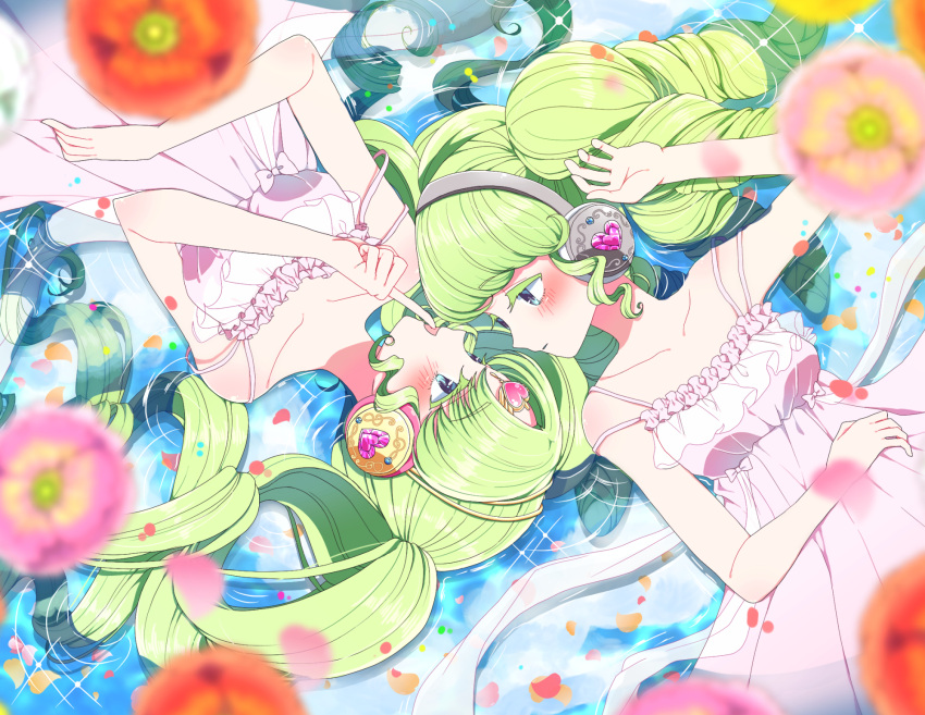 2girls arm_up bare_shoulders blue_eyes blurry blurry_foreground blush breasts colored_eyelashes dress dual_persona falulu falulu_(awakened) flower forehead_jewel green_hair headphones highres long_hair looking_at_another lying lying_on_water marueri medium_breasts multiple_girls on_back open_mouth orange_flower parted_bangs partially_submerged petals pink_dress pink_flower pretty_series pripara profile rotational_symmetry sidelocks sleeveless sleeveless_dress smile twintails