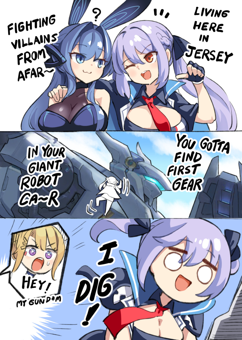 3girls ? animal_ears azur_lane blonde_hair blue_hair breasts cleavage crossover english_commentary english_text essex_(azur_lane) fake_animal_ears fingerless_gloves gloves guam_(azur_lane) highres hm_(hmongt) mecha megas_xlr multiple_girls music necktie new_jersey_(azur_lane) new_jersey_(exhilarating_steps!)_(azur_lane) purple_hair red_necktie right-to-left_comic robot singing speech_bubble sweatdrop