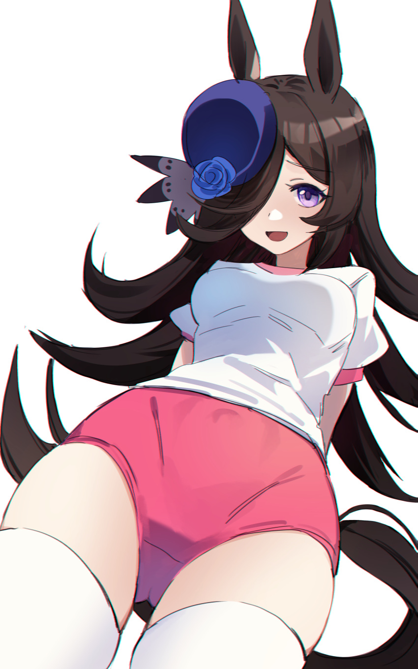 absurdres animal_ears arms_behind_back black_hair blue_flower blue_hat blue_rose buruma commentary cowboy_shot female flower gym_shirt gym_uniform hair_over_one_eye hat hat_flower highres horse_ears horse_girl horse_tail jenshenya long_hair looking_at_viewer pink_buruma purple_eyes rice_shower_(umamusume) rose shirt simple_background smile solo t-shirt tail thighhighs tilted_headwear umamusume white_background white_shirt white_thighhighs