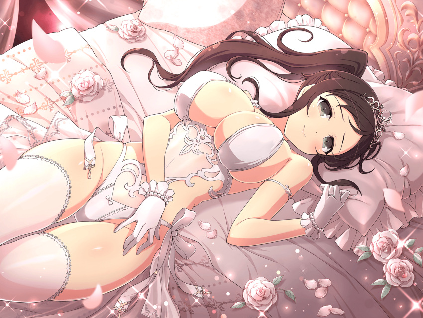 bed_sheet bedroom blush bracelet breasts bridal_legwear bridal_lingerie brown_hair cleavage closed_mouth covered_navel dress falling_petals female flower gloves green_eyes highres jewelry large_breasts lingerie long_hair looking_at_viewer lying murakumo_(senran_kagura) official_art on_back on_bed panties pearl_bracelet petals pillow ring rose rose_petals seductive_smile senran_kagura senran_kagura_new_link side_ponytail sideboob smile tiara underwear wedding_dress wedding_ring white_flower white_rose yaegashi_nan