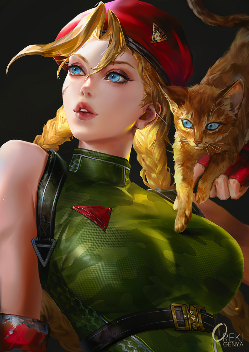 artist_name bare_shoulders beret blonde_hair blue_eyes braid braided_twintails cammy_white camouflage camouflage_leotard english_commentary feline female fingerless_gloves gloves green_leotard hat highres leotard oreki_genya red_hat scar scar_on_cheek scar_on_face street_fighter street_fighter_6 twin_braids