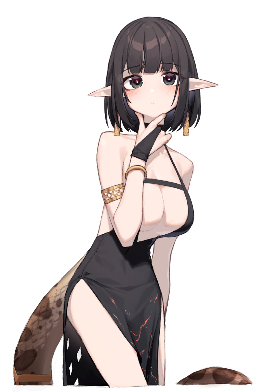 absurdres alternate_costume arknights armlet beudelb black_choker black_dress black_eyes black_hair blunt_bangs blush bracelet breasts choker cleavage closed_mouth commentary cowboy_shot cropped_legs dress earrings eunectes_(arknights) female hand_on_own_chin highres jewelry large_breasts looking_at_viewer pelvic_curtain pointy_ears short_hair simple_background sleeveless sleeveless_dress snake_tail solo tail white_background