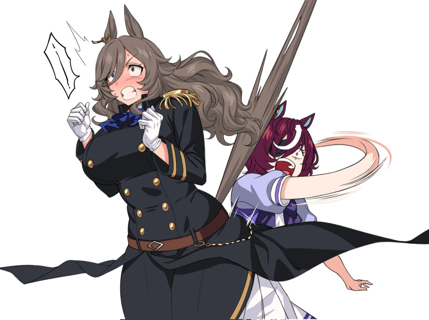 2girls ^^^ animal_ears ascot belt black_coat blue_ascot blue_eyes bow bowtie brown_belt brown_hair buttons clenched_teeth coat commentary cowboy_shot curly_hair double-breasted earrings epaulettes eyepatch fukuro_(maruaru00) glint gloves hair_between_eyes hair_over_one_eye highres horse_ears horse_girl horse_tail jewelry long_hair military_uniform motion_blur multicolored_hair multiple_girls naval_uniform one_eye_covered open_mouth pain perry_steam_(umamusume) pleated_skirt puffy_short_sleeves puffy_sleeves purple_bow purple_bowtie purple_shirt sailor_collar sailor_shirt school_uniform shirt short_hair short_sleeves sidelocks simple_background single_earring skirt slapping spanking speech_bubble stiff_tail summer_uniform sword_earrings tail tail_raised tanino_gimlet_(umamusume) teeth thick_thighs thighs tracen_school_uniform two-tone_hair umamusume umamusume:_beginning_of_a_new_era upper_teeth_only white_background white_gloves white_hair white_skirt