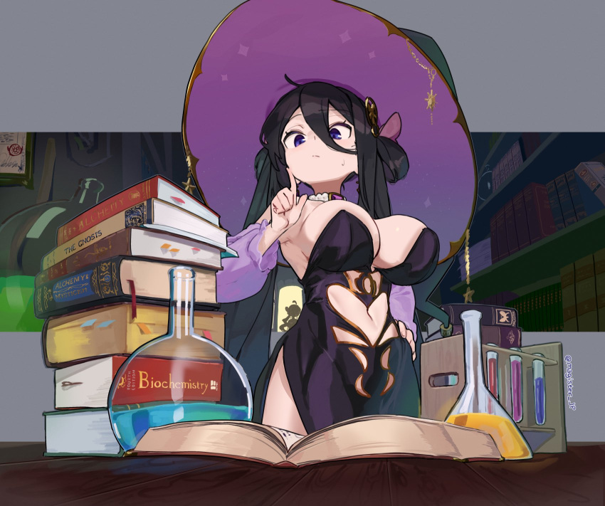 beaker black_dress black_eyes black_hair book book_stack breasts cleavage closed_mouth commentary_request desk dress female hand_on_own_hip hat highres large_breasts long_hair magister original sidelocks solo standing vial witch witch_hat