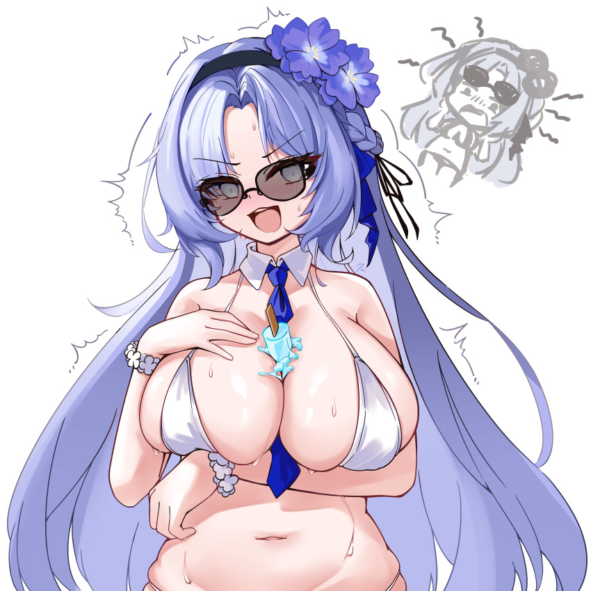 absurdres alsace_(azur_lane) alsace_(heat_beating_summer_sacrament)_(azur_lane) azur_lane between_breasts bikini blue_eyes blue_hair blue_necktie blush breasts detached_collar flower food hair_flower hair_ornament highres long_hair necktie necktie_between_breasts official_alternate_costume popsicle popsicle_stick sexually_suggestive side-tie_bikini_bottom simple_background sunglasses swimsuit tinted_eyewear upper_body very_long_hair white_background white_bikini wizard2482