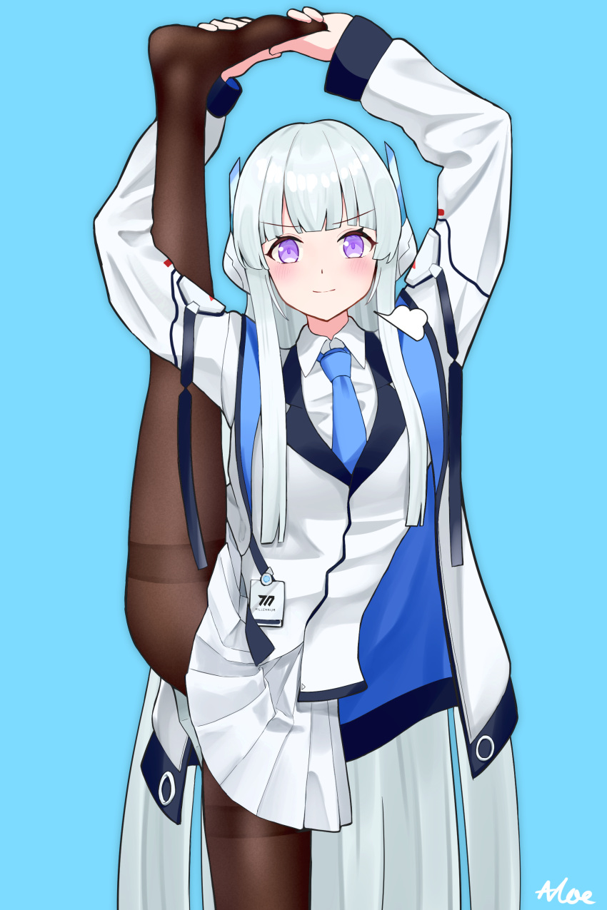 absurdres akane_rouen_aloe arms_up blue_archive blue_background blue_necktie blunt_bangs blunt_ends blush brown_pantyhose closed_mouth collared_shirt feet female grey_hair highres holding_own_foot jacket leg_up legs long_hair long_sleeves looking_at_viewer miniskirt necktie no_shoes noa_(blue_archive) open_clothes open_jacket pantyhose pleated_skirt purple_eyes shirt sidelocks signature simple_background skirt smile solo split standing standing_on_one_leg standing_split thighband_pantyhose very_long_hair white_jacket white_shirt white_skirt