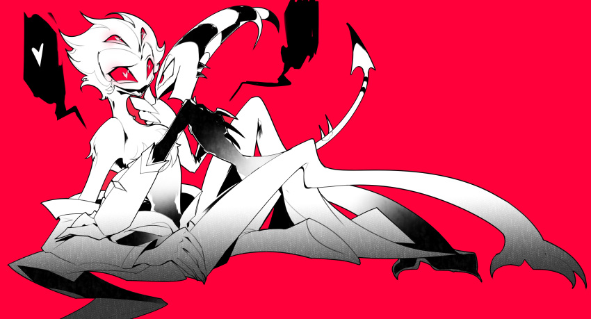 2boys absurdres black_feathers blitzo_(helluva_boss) blush boy_on_top demon_boy demon_horns demon_tail extra_eyes face-to-face feathers heart helluva_boss highres horns lying multiple_boys pink_background red_eyes stolas_(helluva_boss) suit tail zhu_xing_pupupu