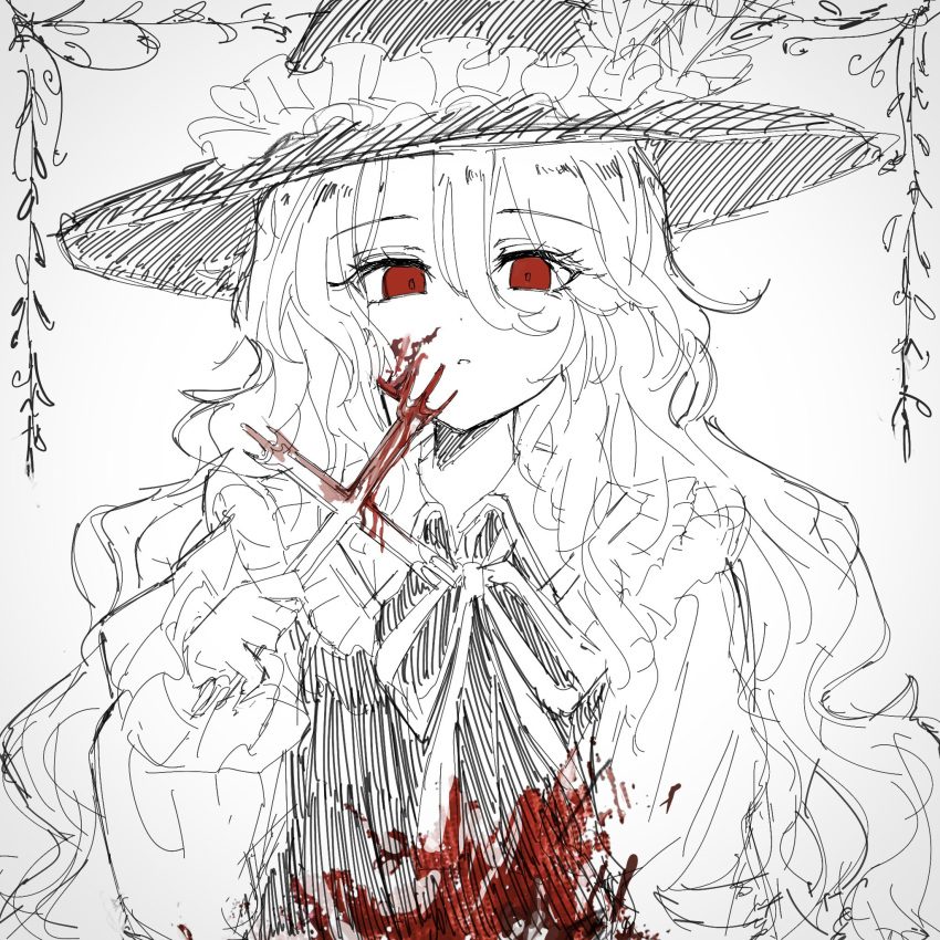 blood blood_on_clothes cross female frilled_hat frills hat highres holding holding_cross jacket_girl_(dipp) juliet_sleeves limited_palette long_hair long_sleeves monochrome neck_ribbon puffy_sleeves red_eyes ribbon solo touhou upper_body uran_92 very_long_hair vest