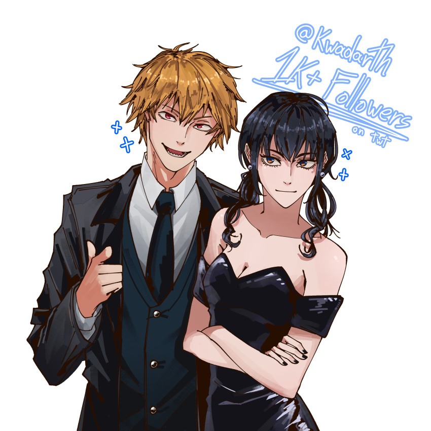 1boy absurdres black_dress black_hair black_jacket black_nails black_necktie black_vest blonde_hair breasts brown_eyes chainsaw_man cleavage denji_(chainsaw_man) dress dress_shirt female formal highres jacket kwadarth low_twintails milestone_celebration mitaka_asa necktie sharp_teeth shirt short_hair simple_background small_breasts suit_jacket teeth twintails vest white_background white_shirt