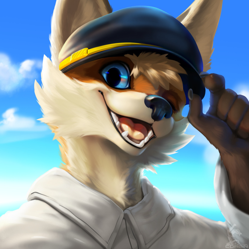 1:1 anthro black_body black_fur blue_eyes brown_body brown_fur canid canine cheek_tuft claws clothing corbin_(roscy) facial_tuft finger_claws fingers fox fur happy hat head_tuft headgear headshot_portrait headwear hi_res male mammal one_eye_closed open_mouth pilot portrait shirt sky solo teeth tipping_hat tongue topwear tuft white_body white_fur wink