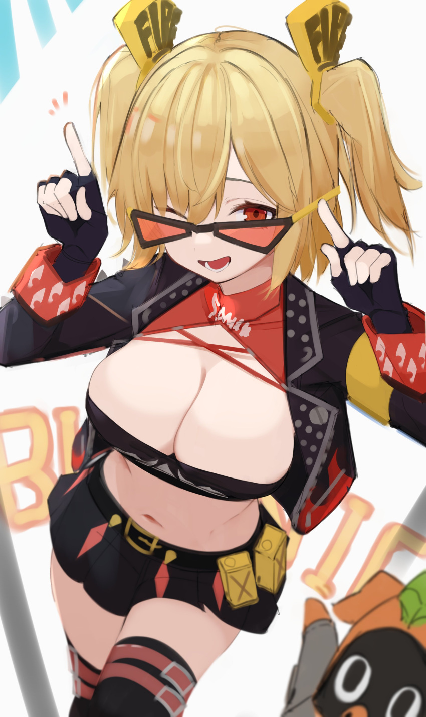 absurdres asususususu belt blonde_hair breasts burnice_white cleavage female fingerless_gloves gloves highres jacket large_breasts long_sleeves looking_at_viewer navel one_eye_closed open_clothes open_jacket open_mouth red_eyes simple_background skirt solo sunglasses thigh_belt thigh_strap thighhighs zenless_zone_zero