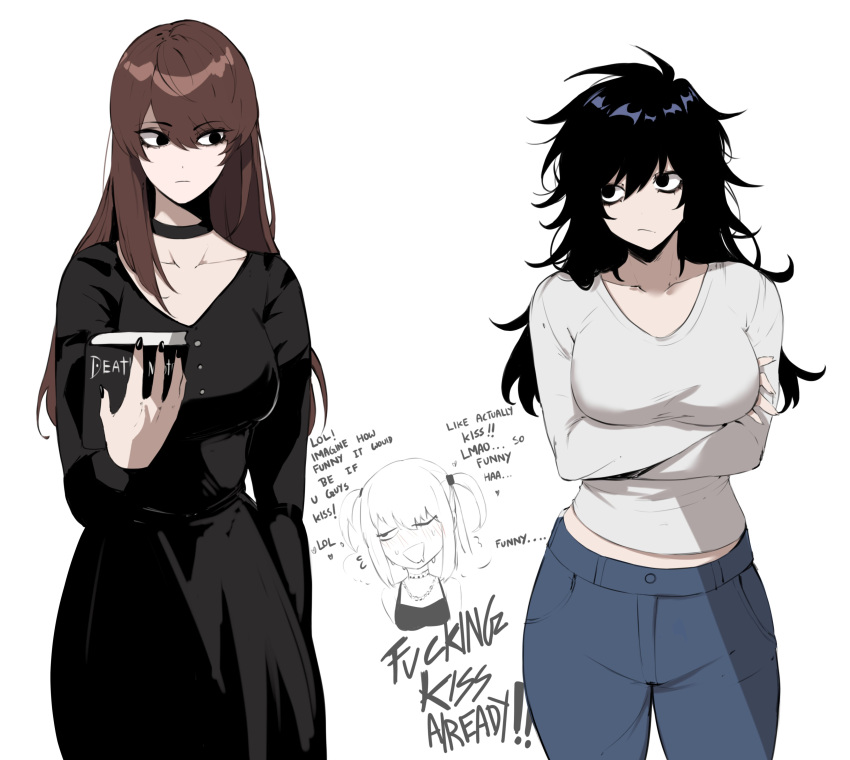 3girls absurdres amane_misa black_dress black_eyes black_hair book breasts brown_hair choker cowboy_shot crossed_arms death_note death_note_(object) dress english_text expressionless genderswap_(mtf) highres himejoshi holding holding_book l_(death_note) long_hair looking_at_another masoq medium_breasts multiple_girls nail_polish pants rule_63 shirt simple_background white_background yagami_light yuri