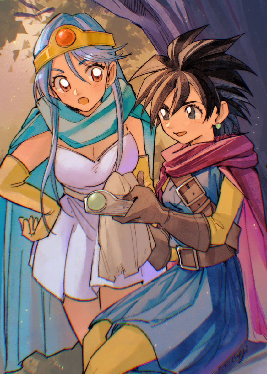 2girls belt belt_buckle black_hair blue_cape blue_cloak blue_dress blue_hair bodysuit breasts brown_gloves buckle cape circlet cleavage cloak dragon_quest dragon_quest_iii dress earrings elbow_gloves feet_out_of_frame gloves hair_between_eyes hand_on_own_hip hashtag-only_commentary heroine_(dq3) highres holding jewelry large_breasts long_hair looking_at_another mouyi multiple_girls open_mouth outdoors purple_cape purple_cloak red_eyes roto_(dq3) sage_(dq3) short_hair sitting spiked_hair unworn_headwear white_dress yellow_bodysuit yellow_gloves