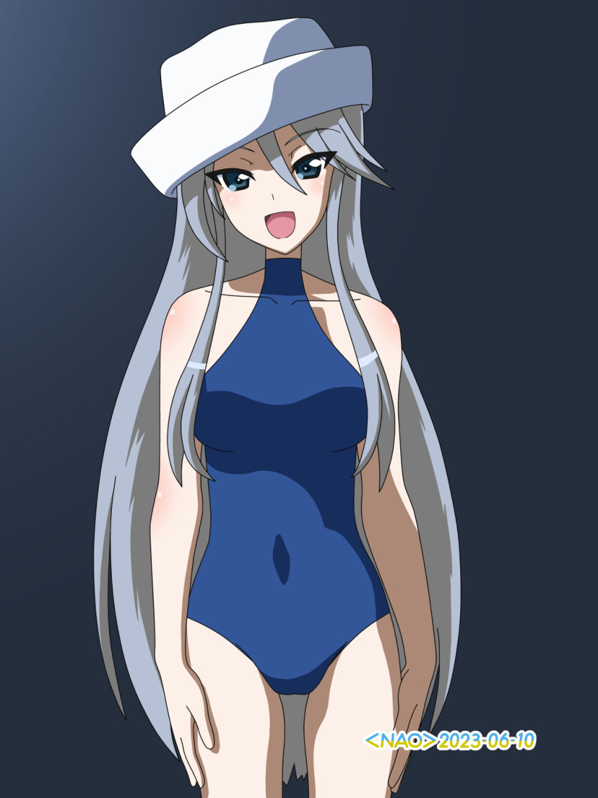 artist_name black_background blue_eyes blue_one-piece_swimsuit commentary covered_navel cowboy_shot dated dixie_cup_hat female flint_(girls_und_panzer) girls_und_panzer grey_hair halterneck hat highres long_hair looking_at_viewer military_hat naotosi one-piece_swimsuit open_mouth smile solo standing swimsuit tilted_headwear white_hat