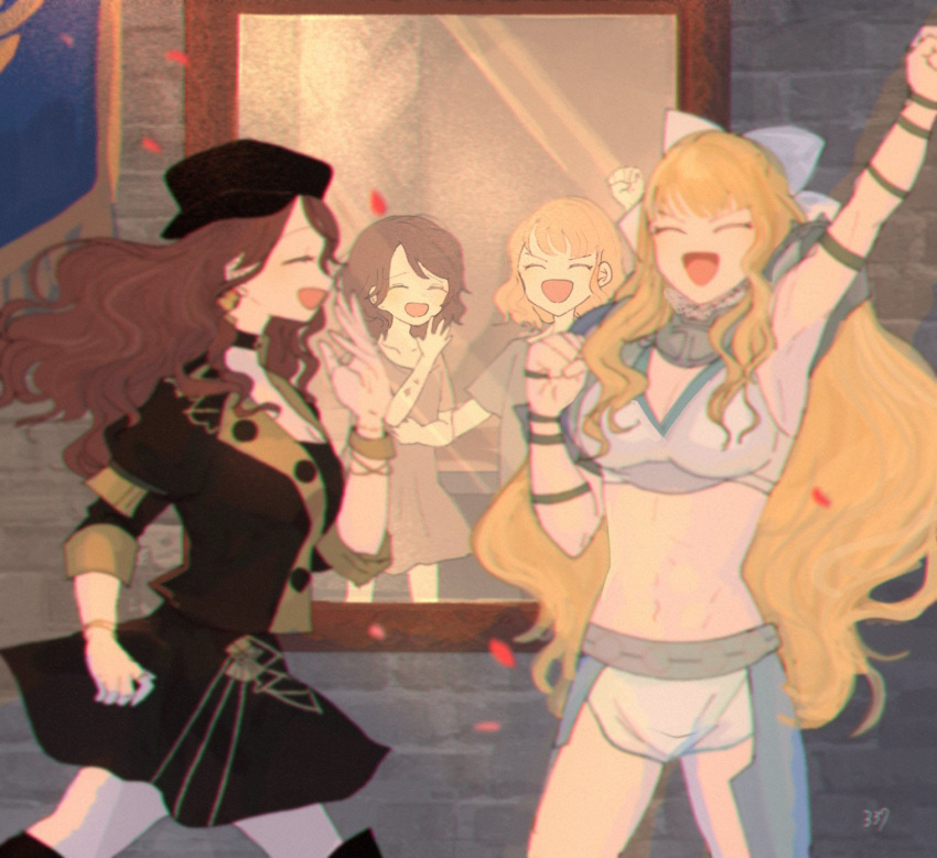 2girls :d ^_^ aged_down arm_up armpits black_hair breasts brown_hair charlotte_(fire_emblem) cleavage clenched_hand closed_eyes commentary_request different_reflection dorothea_arnault falling_petals fire_emblem fire_emblem:_three_houses fire_emblem_fates garreg_mach_monastery_uniform highres in-franchise_crossover indoors large_breasts long_hair mirror multiple_girls open_mouth petals reflection sasaki_(dkenpisss) smile toned toned_female v-shaped_eyebrows walking