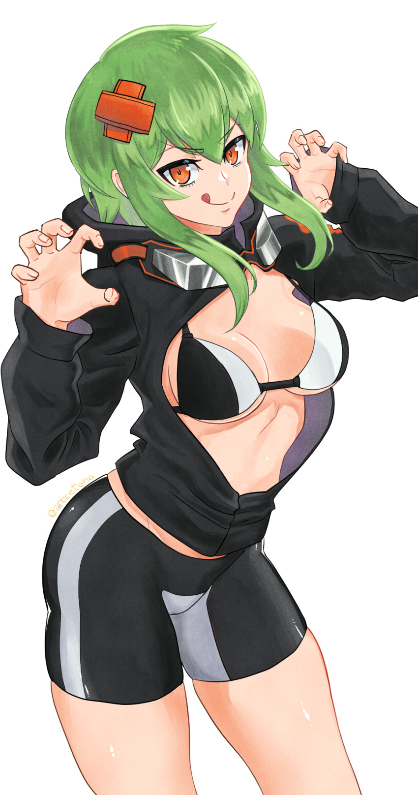 :q artcetona bike_shorts bikini bikini_top_only black_bikini black_jacket black_shorts breasts claw_pose cleavage closed_mouth commentary cowboy_shot digimon digimon_world_re:digitize female goggles goggles_around_neck green_hair hair_between_eyes hair_ornament hairclip highres hood hood_down hooded_jacket jacket long_sleeves looking_at_viewer medium_breasts orange_eyes partially_unzipped shinomiya_rina short_hair short_hair_with_long_locks shorts sidelocks simple_background skindentation smile solo standing stomach swimsuit tongue tongue_out twitter_username two-tone_bikini white_background white_bikini x_hair_ornament