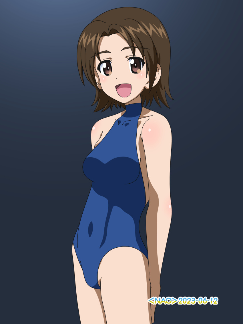 arms_behind_back artist_name blue_one-piece_swimsuit breasts brown_eyes brown_hair covered_navel cowboy_shot dated female girls_und_panzer halterneck highres looking_at_viewer naotosi one-piece_swimsuit open_mouth parted_bangs sawa_azusa short_hair small_breasts smile solo standing swimsuit