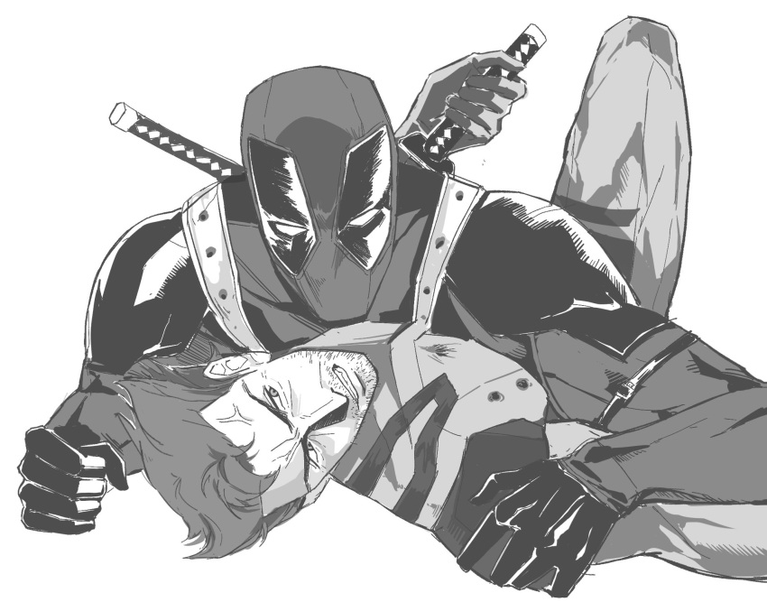 2boys anger_vein beard bodysuit bullet_hole clenched_teeth crutch_c deadpool deadpool_&_wolverine deadpool_(series) facial_hair gloves hashtag-only_commentary highres holding katana looking_at_another lying lying_on_person male_focus marvel marvel_cinematic_universe monochrome multiple_boys on_back pectorals short_hair superhero_costume sword sword_on_back teeth weapon weapon_on_back wolverine_(x-men) x-men yaoi