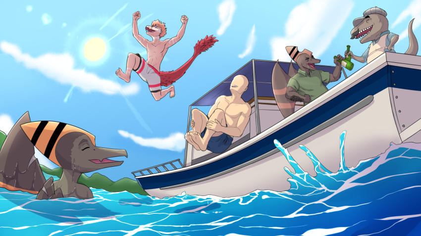 2024 5_fingers 5_toes alcohol anon_(snoot_game) anthro apron bald beer beverage blue_clothing blue_sky blue_swimming_trunks blue_swimwear boat broken_wing brown_body brown_hair brown_scales cavemanon_studios claws closed_eyes clothing detailed_background digital_drawing_(artwork) digital_media_(artwork) dinosaur dromaeosaurid facial_hair facial_scar father_(lore) father_and_child_(lore) father_and_son_(lore) feathered_dinosaur feathered_scalie feathered_tail feathers feet fingers goodbye_volcano_high group hair hat head_crest headgear headwear hi_res human lake light-skinned_male light_body light_skin long_tail male mammal mature_anthro mature_male midair moe_(snoot_game) motorboat_(boat) moustache multicolored_body multicolored_scales naser_(gvh) open_mouth open_smile orange_body orange_hair orange_scales outside parent_(lore) parent_and_child_(lore) parent_and_son_(lore) partially_submerged pink_body pink_scales pink_stripes prehistoric_species prometheuzone pterodactylus pterosaur red_body red_feathers reed_(gvh) reptile ripley_(snoot_game) scales scalie scar sharp_teeth short_hair sky smile snoot_game snout son_(lore) striped_body striped_scales stripes sun swimming swimming_trunks swimwear tail teeth theropod toe_claws toes two_tone_body two_tone_scales tyrannosaurid tyrannosauroid tyrannosaurus tyrannosaurus_rex vehicle velociraptor water watercraft wet wet_body wet_scales wings