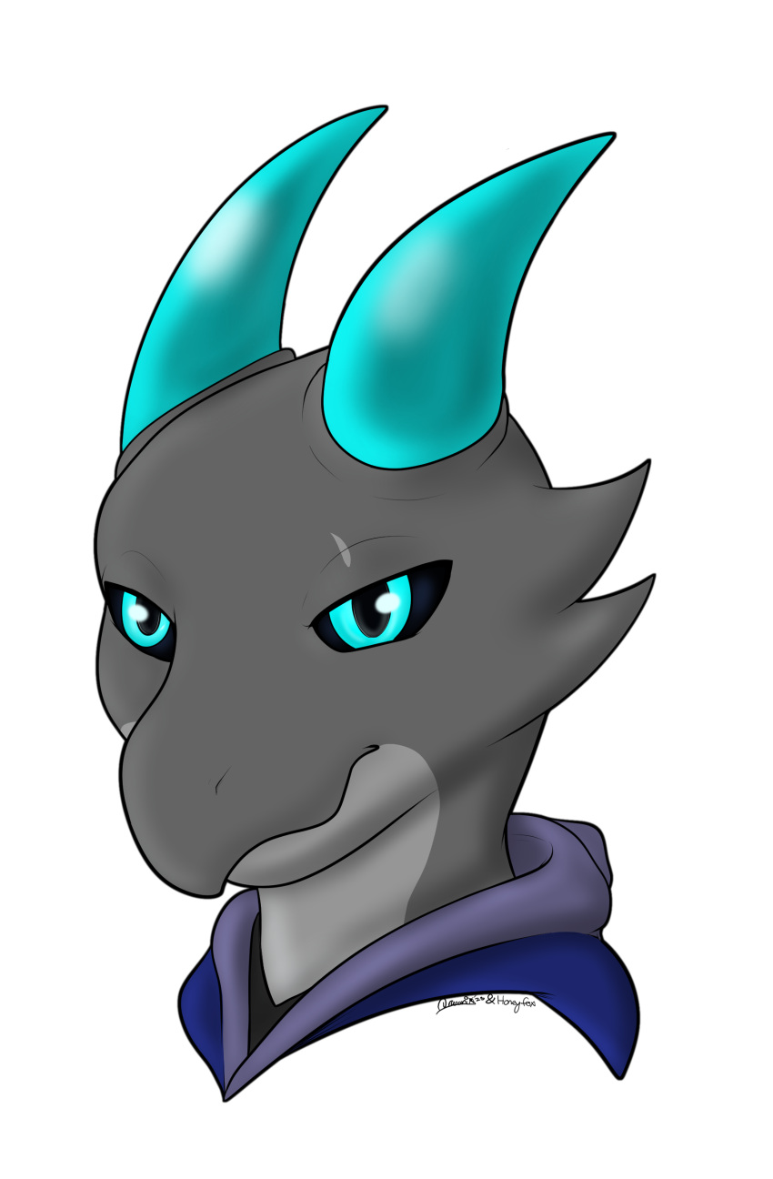 2023 absurd_res alpha_channel anthro black_sclera blue_clothing blue_eyes blue_hoodie blue_horn blue_topwear clothed clothed_anthro clothed_male clothing collaboration digital_media_(artwork) grey_body grey_scales headshot_portrait hi_res honeyfox hoodie horn itsdraconix kobold looking_at_viewer male portrait reptile scales scalie scar side_b signature simple_background snout solo spikes spikes_(anatomy) topwear transparent_background