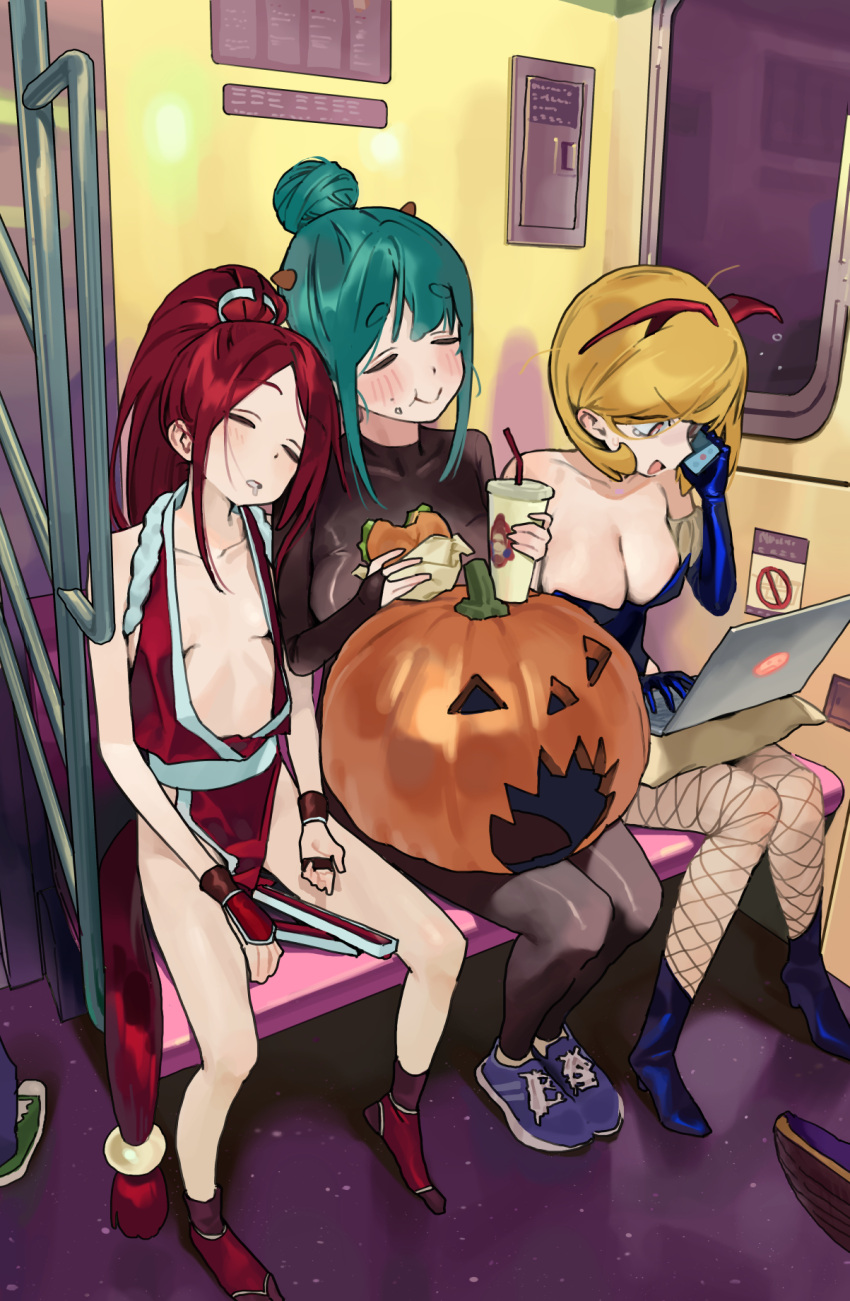 3girls black_jumpsuit blonde_hair blue_footwear breasts burger cellphone cleavage computer cosplay drink drooling eating english_commentary fishnets food green_footwear green_hair hair_ornament halloween highres hipa_(some1else45) holding holding_burger holding_food jack-o'-lantern jumpsuit laptop multiple_girls nahia_(some1else45) original phone red_hair sekoshi_(some1else45) shiranui_mai shiranui_mai_(cosplay) sleeping some1else45 subway