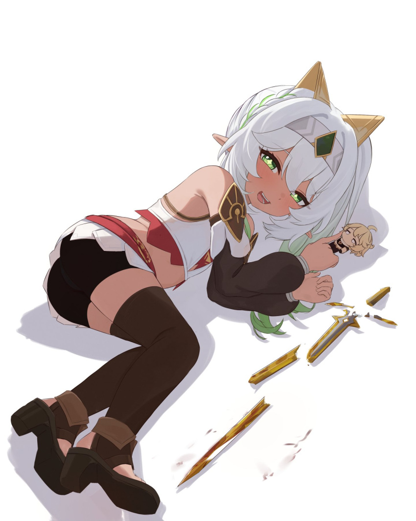 :d aether_(genshin_impact) alternate_costume animal_ears ass bare_shoulders black_footwear black_thighhighs broken broken_sword broken_weapon character_doll commentary crop_top detached_sleeves english_commentary fake_animal_ears female full_body genshin_impact gradient_hair green_eyes green_hair hair_between_eyes headband highres long_hair long_sleeves looking_at_viewer lying midriff mockingeu multicolored_hair nahida_(genshin_impact) on_side open_mouth puffy_long_sleeves puffy_sleeves side_ponytail smile solo star-shaped_pupils star_(symbol) stirrup_legwear sword symbol-shaped_pupils teeth thighhighs toeless_legwear upper_teeth_only weapon white_background white_hair white_headband