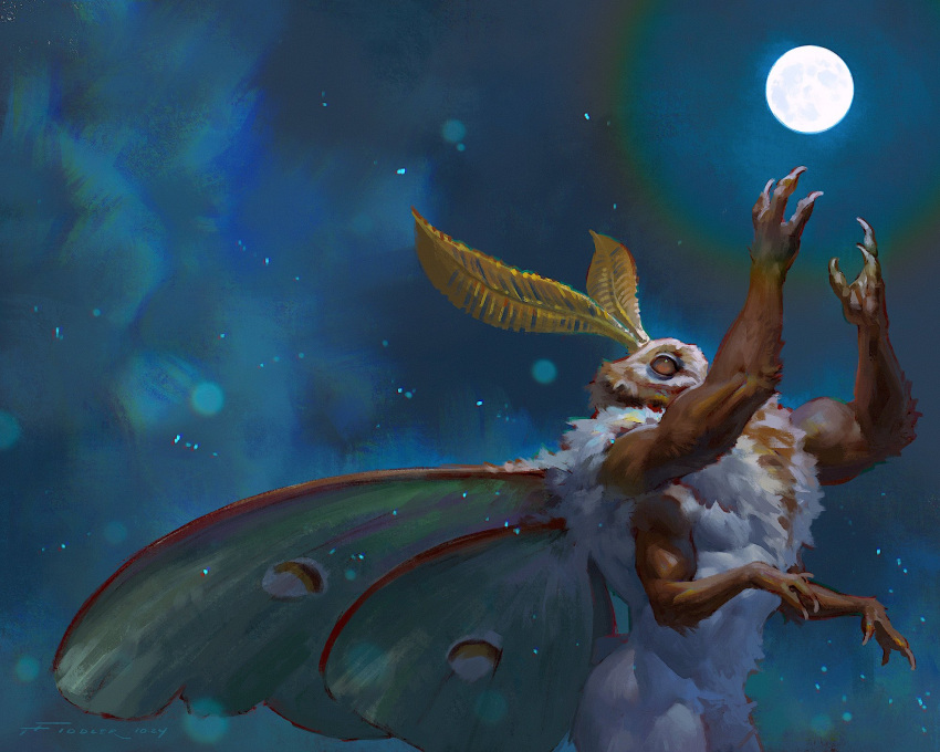 2024 4_arms 5:4 ambiguous_gender antennae_(anatomy) anthro arthropod back_wings biceps brown_eyes claws finger_claws full_moon fur hi_res insect_wings insects lepidoptera lepidopteran moon moth multi_arm multi_limb muscular muscular_arms realistic signature solo standing taran_fiddler weretober white_body white_fur wings yellow_antennae