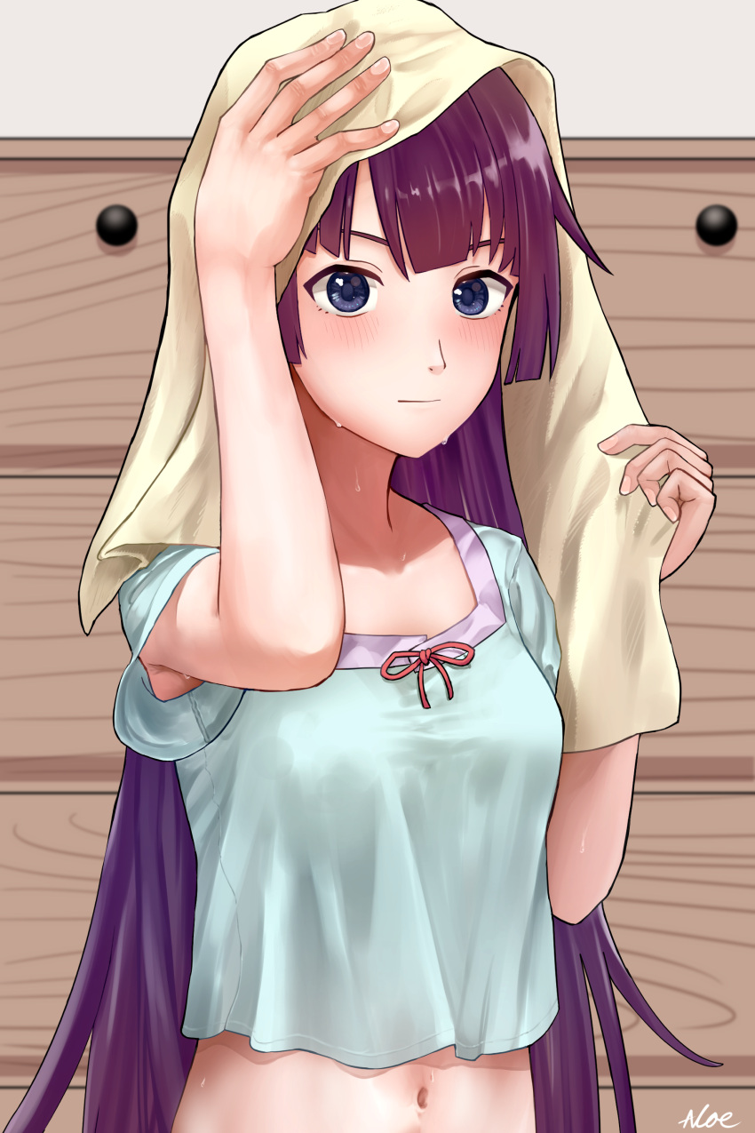 absurdres akane_rouen_aloe armpit_peek bakemonogatari blue_eyes blue_shirt blunt_ends blush breasts closed_mouth crop_top drying drying_hair female hands_up highres indoors long_hair looking_at_viewer medium_breasts monogatari_(series) navel purple_hair senjougahara_hitagi shadow shirt short_sleeves signature solo stomach towel upper_body very_long_hair water