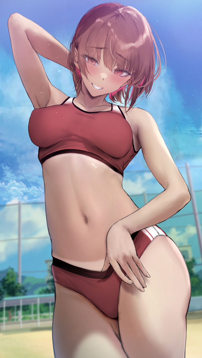 absurdres armpits arms_up bare_arms bare_shoulders blush breasts brown_hair buruma commentary_request cowboy_shot female gentsuki highres large_breasts looking_at_viewer navel original outdoors parted_lips red_buruma red_eyes red_sports_bra short_hair smile solo sports_bra sportswear stomach thighs