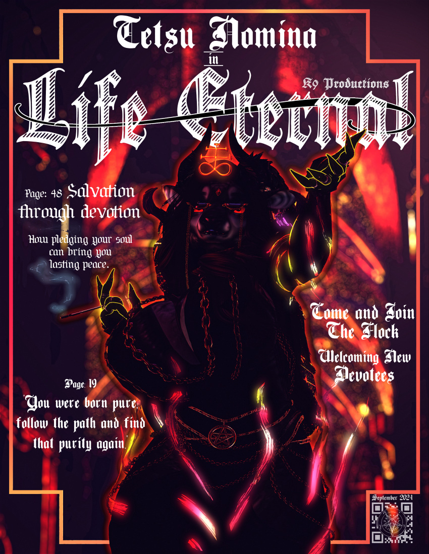 3d_(artwork) absurd_res anthro big_breasts bovid breasts caprine caprine_demon cigarette clothed clothing cover demon digital_media_(artwork) female glowing glowing_body goat goat_demon hair hi_res horn huge_filesize k9_productions magazine magazine_cover mammal mythological_creature mythology occult_symbol pentagram smoking solo solo_focus symbol text thick_thighs