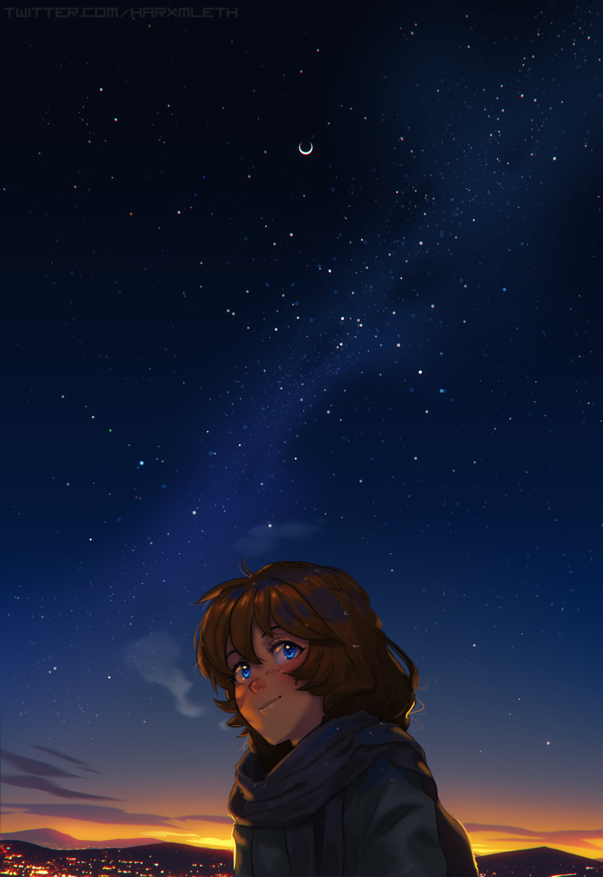 absurdres blue_eyes brooke_(mleth) brown_hair commentary dawn eclipse english_commentary female highres landscape light_smile lunar_eclipse milky_way mleth moon night night_sky original outdoors scarf sky solo star_(sky) starry_sky upper_body