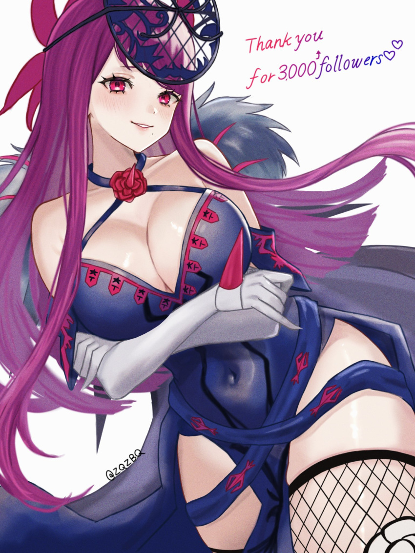 bare_shoulders blue_dress blush breasts cleavage dress female fire_emblem fire_emblem_engage fishnet_thighhighs fishnets gloves grin halter_dress halterneck highres ivy_(fire_emblem) large_breasts looking_at_another milestone_celebration mole mole_under_mouth purple_eyes purple_hair smile solo thighhighs thighs white_gloves zqzbq