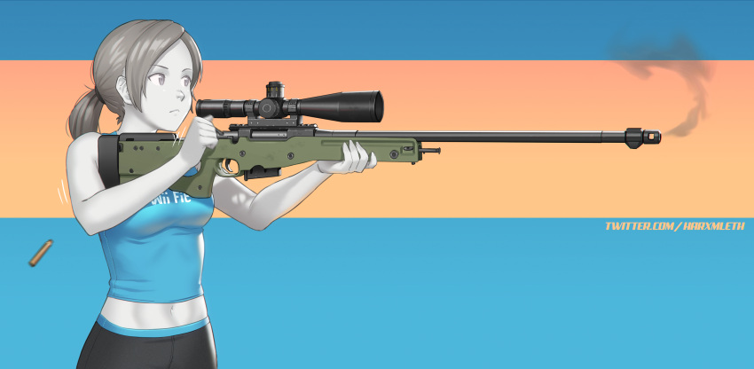 absurdres ai_arctic_warfare black_hair black_shorts blue_background blue_tank_top bolt_action casing_ejection colored_skin commentary crop_top english_commentary female gun highres holding holding_gun holding_weapon long_hair midriff mleth navel orange_background ponytail rifle scope shell_casing shorts sniper_rifle solo tank_top twitter_username weapon web_address white_skin wii_fit wii_fit_trainer wii_fit_trainer_(female)