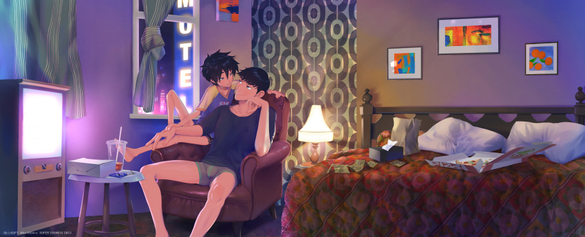 2boys absurdres age_difference bed big_hero_6 black_hair black_shirt curtains grey_male_underwear hand_on_another's_hand hand_on_another's_leg highres hiro_hamada hotel_room indoors juice lamp leather_chair male_focus male_underwear money multiple_boys onii-shota picture_frame pillow pizza_box shiogochi shirt short_hair short_sleeves siblings sitting stool tadashi_hamada television tissue_box underwear yaoi