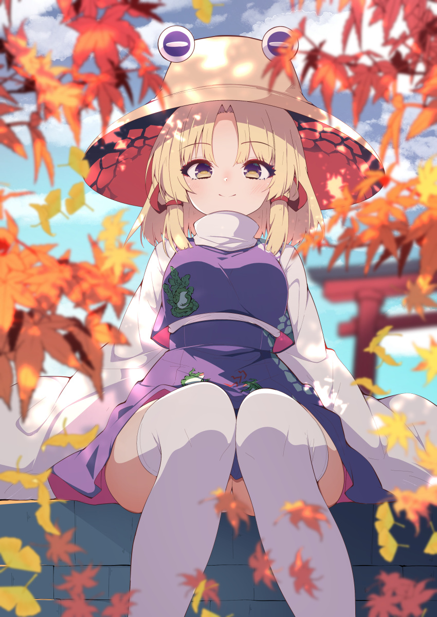 absurdres animal_print arms_at_sides autumn_leaves blonde_hair blue_sky blurry blurry_foreground blush breasts brown_hat cloud commentary_request dappled_sunlight darumoon day female frog_print ginkgo_leaf hair_ribbon hat high-waist_skirt highres leaf long_sleeves looking_at_viewer maple_leaf moriya_suwako panties parted_bangs purple_vest red_ribbon ribbon short_hair sitting skirt sky small_breasts smile solo sunlight thighhighs torii touhou tress_ribbon turtleneck underwear vest white_panties yellow_eyes