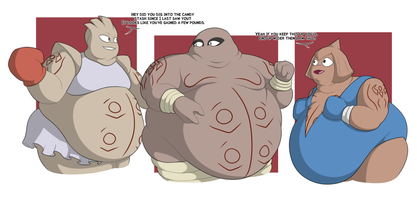 2020 3_fingers absurd_res anthro belly belly_overhang bent_arm big_belly blue_boxing_gloves blue_clothing blue_handwear blue_leotard boxing_gloves brown_body brown_horn brown_skin bruiser_(mlgwesleyfaze) clothing colored dialogue digital_drawing_(artwork) digital_media_(artwork) double_chin english_description english_text fan_character fingers generation_1_pokemon generation_2_pokemon group handwear hi_res hitmonchan hitmonlee hitmontop horn leotard looking_at_another male male_anthro markings moobs mouthless nintendo obese obese_anthro obese_male open_mouth open_smile overweight overweight_anthro overweight_male pokemon pokemon_(species) pseudo_clothing red_boxing_gloves red_clothing red_handwear red_markings shaded simple_background simple_shading smile springer_(mlgwesleyfaze) standing talking_to_another text theannoyingnpc thick_thighs trio twister_(mlgwesleyfaze)