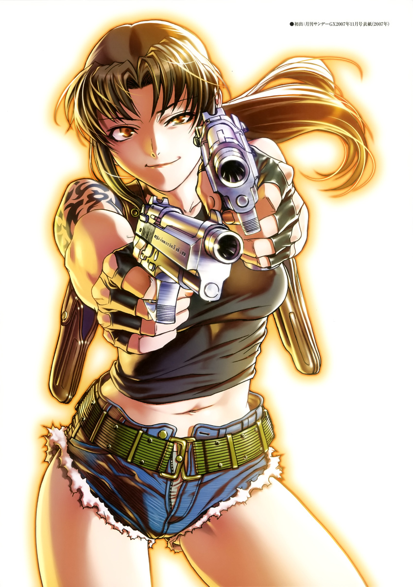 beretta_92 black_lagoon breasts brown_hair denim_shorts female fingerless_gloves gloves gun handgun highres hiroe_rei holster large_breasts long_hair long_hiar midriff navel official_art pistol ponytail revy revy_(black_lagoon) shorts solo standing tank_top tattoo weapon