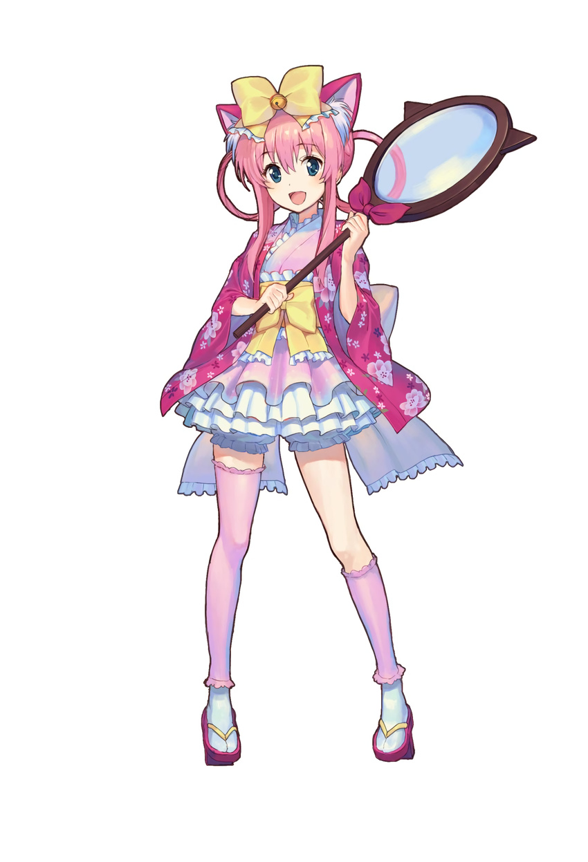 animal_ears asymmetrical_legwear bow cat_ears female floral_print full_body hair_rings hairbow highres holding long_hair long_sleeves magnifying_glass nonoya_nayori official_art open_mouth oversized_object pink_eyes pink_legwear sandals sherlock_shellingford sidelocks simple_background skirt solo tantei_opera_milky_holmes toys_drive twintails uneven_legwear white_background