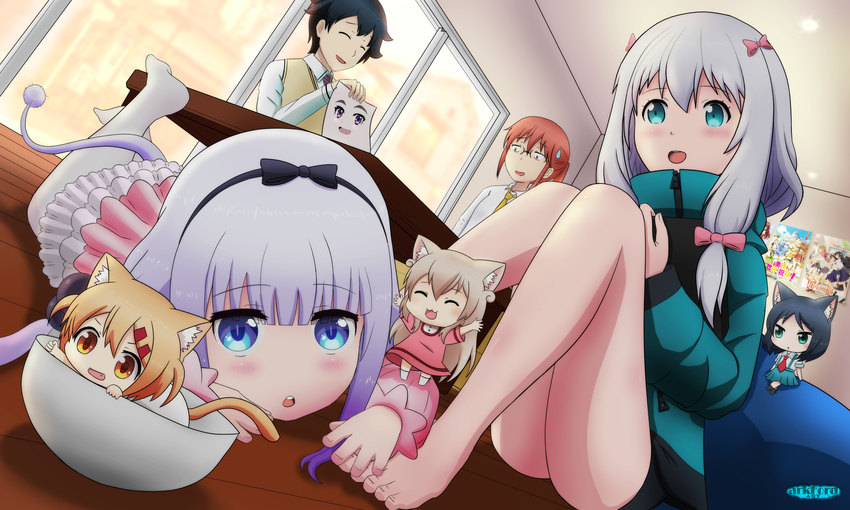 1boy 6+girls :3 :d ^_^ animal_ears aqua_eyes ark_ford ass barefoot black_hair blue_eyes brown_hair cat_ears cat_tail chaika_trabant closed_eyes commentary crossover english_commentary eromanga_sensei grey_hair highres hitsugi_no_chaika holding in_bowl in_container izumi_masamune izumi_sagiri jacket kanna_kamui kobayashi-san_chi_no_maidragon kobayashi_(maidragon) kono_subarashii_sekai_ni_shukufuku_wo! long_hair lying maa_(nyanko_days) mini_person minigirl movie_poster_(object) multiple_crossover multiple_girls necktie nyanko_days on_stomach open_mouth orange_eyes paper ponytail poster_(object) rou_(nyanko_days) school_uniform shii_(nyanko_days) short_hair sitting slit_pupils smile suspenders sweatdrop table tablet_pc tail toaru_kagaku_no_railgun toaru_majutsu_no_index vest wooden_floor