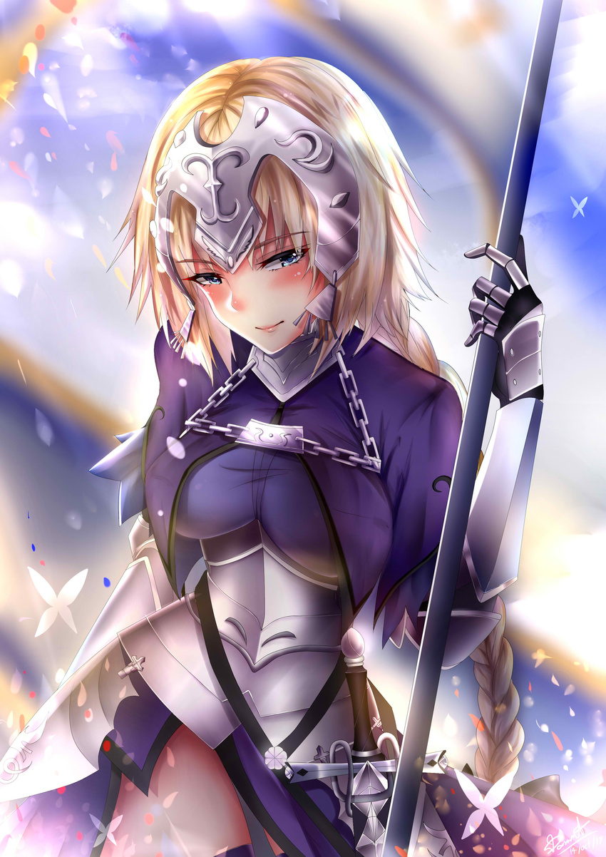 absurdres armor armored_boots armored_dress blonde_hair blue_eyes blush boots braid breasts bug butterfly capelet chains commentary_request donatsu_(donut007008) fate/apocrypha fate_(series) faulds female flag flagpole gauntlets head_tilt headpiece highres jeanne_d'arc_(fate) jeanne_d'arc_(ruler)_(fate) large_breasts long_braid long_hair looking_at_viewer single_braid smile solo sword weapon