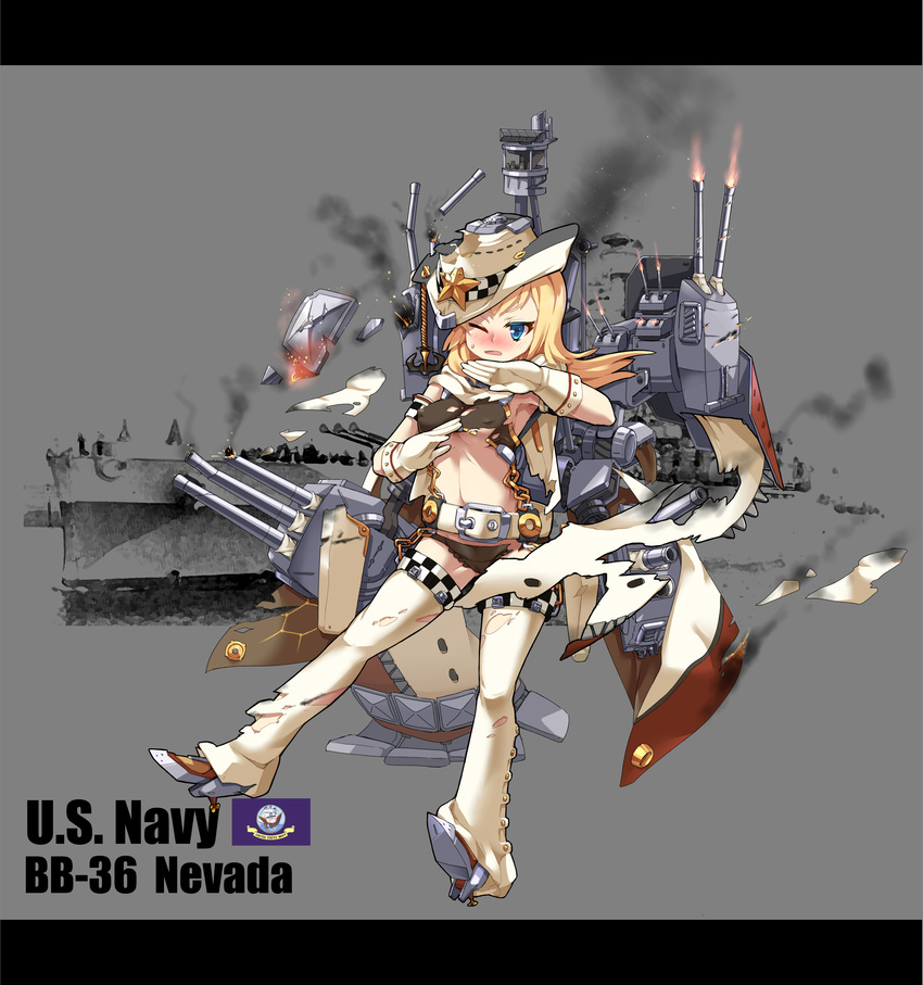 absurdres anchor armpits belt black_panties blonde_hair blue_eyes blush broken cannon cape chains character_name commentary_request covered_nipples cowboy_hat damaged female fire flag_of_the_united_states_navy full_body gloves hat highres machinery midriff military military_vehicle nevada_(mod)_(warship_girls_r) nevada_(warship_girls_r) official_art one_eye_closed open_mouth panties photo_background photoshop_(medium) propeller radar rigging ship sirills smoke solo star_(symbol) thighhighs torn_clothes turret underwear vehicle_and_personification warship warship_girls_r watercraft white_cape white_gloves white_hat white_thighhighs