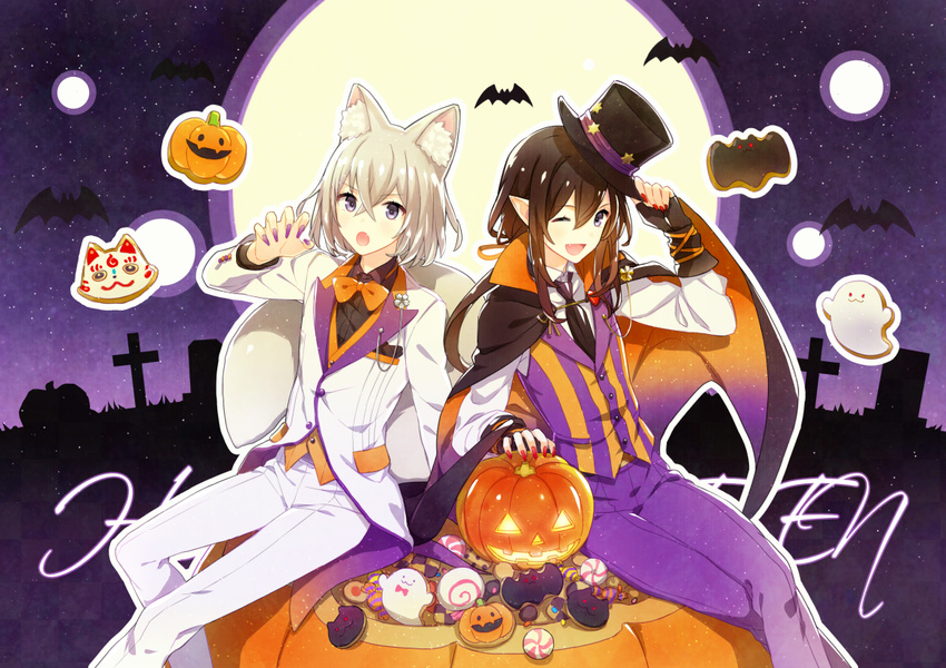 2boys :o ;d animal_ears bat_(animal) black_hair bow bowtie candy cape commentary_request cookie deretta food fox_ears fox_tail full_moon ghost halloween hat honebami_toushirou jack-o'-lantern konnosuke male_focus moon multiple_boys nail_polish namazuo_toushirou necktie oerba_yun_fang one_eye_closed open_mouth pointy_ears purple_eyes purple_nails red_nails sitting sky smile star_(sky) starry_sky tail top_hat touken_ranbu v-shaped_eyebrows white_hair