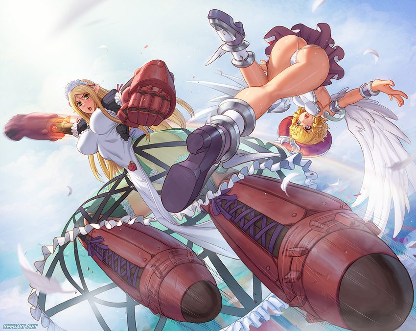 2girls angel ass bad_link blonde_hair breasts commission english_commentary feathers foreshortening gauntlets laila_(queen's_blade) looking_at_viewer maid_headdress midair multiple_girls photoshop_(medium) pointy_ears queen's_blade queen's_blade_rebellion speed_lines speh thong upside-down vante wings