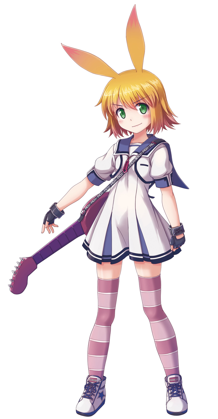 absurdres animal_ears blonde_hair female fingerless_gloves full_body gal_gun_(series) gal_gun_double_peace gloves green_eyes guitar highres instrument looking_at_viewer masanori_ito sakurachi_academy_school_uniform school_uniform shoes short_hair short_sleeves simple_background skirt smile sneakers solo striped_clothes striped_thighhighs thighhighs uno_aoi white_background