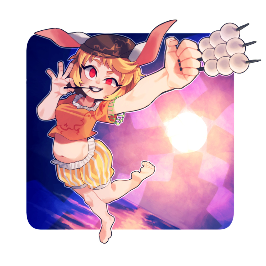 animal_ears barefoot blonde_hair commentary_request dango female flat_cap floppy_ears food hat looking_at_viewer midriff nappooz navel orange_shirt rabbit_ears red_eyes ringo_(touhou) shirt short_hair skewer solo touhou wagashi