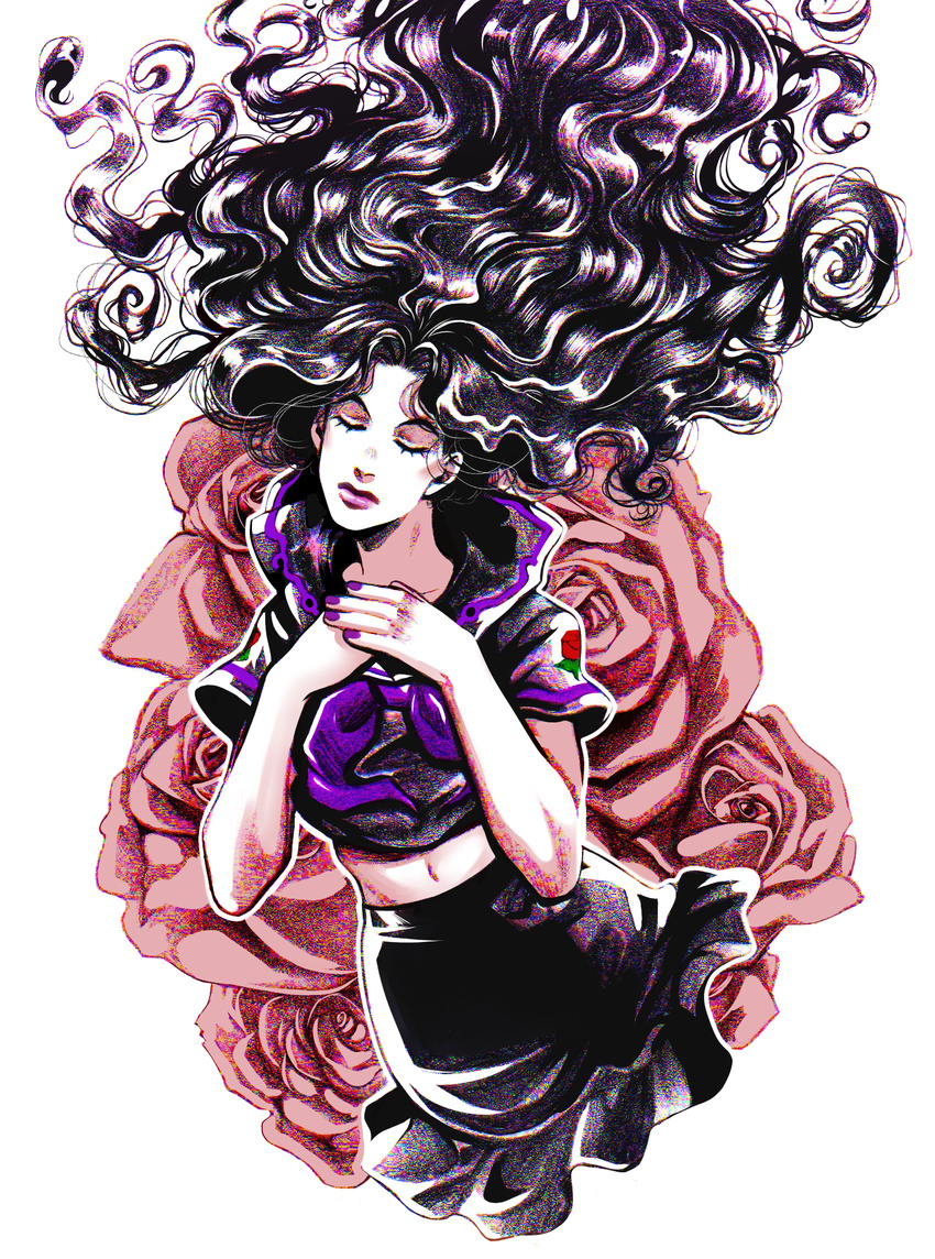 black_hair closed_eyes commentary_request diamond_wa_kudakenai female flower highres jojo_no_kimyou_na_bouken lipstick long_hair love_deluxe makeup navel purple_lips rose school_uniform serafuku skirt solo tariah_furlow traditional_media very_long_hair wavy_hair yamagishi_yukako